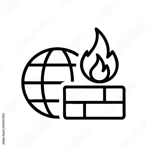 Icon flat vector icon of a digital firewall with globe and flame  