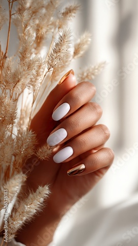 Elegant Hand Holding Dried Flowers With Stylish Nail Art in Soft Natural Light