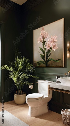 Elegant Bathroom Design Featuring Lush Plants and Floral Artwork in a Modern ...