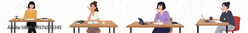 Four women working at wooden desks in a professional workspace illustration