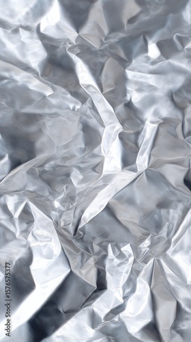 Crumpled Silver Foil With Textured Surface and Light Reflections in Clean Bac...
