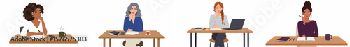 Four women working at wooden desks in a professional office setting