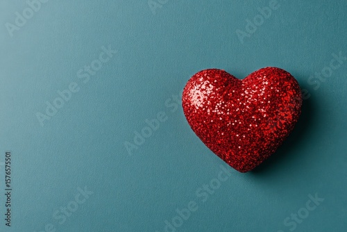 Red Glitter Heart Decoration on a Teal Background for Festive Occasions