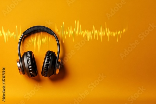 Headphones Resting on an Orange Surface With Sound Wave Visuals in the Backgr...