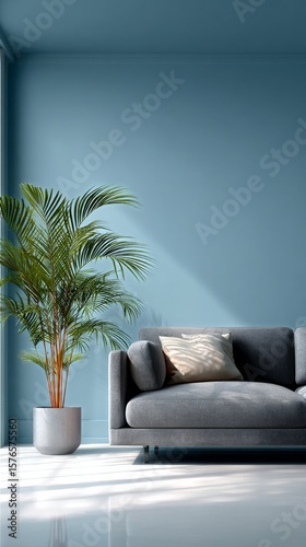 Stylish Living Room With Gray Sofa and Decorative Plant Against Blue Wall