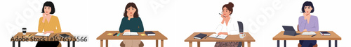 Four women working in a modern office setting with wooden desks and office supplies