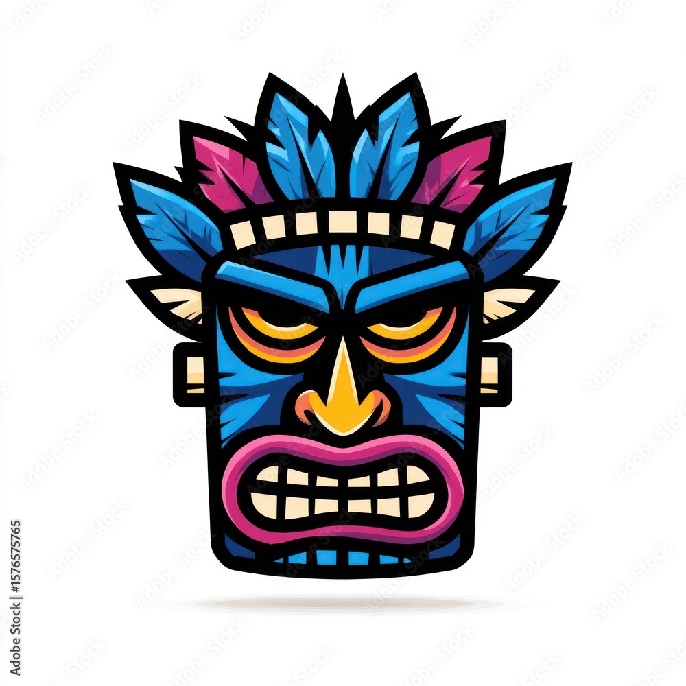Obraz premium A vibrant tiki mask with angry expression, detailed feathers and bold colors.