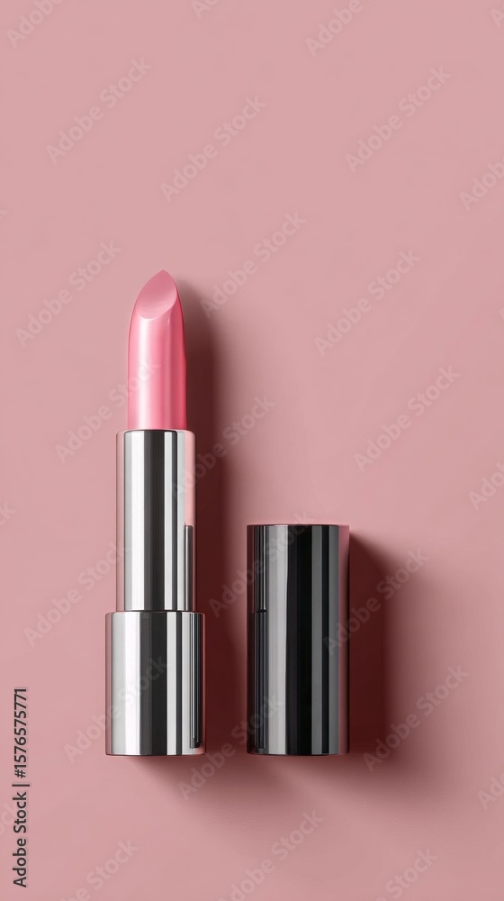 Obraz premium Soft Pink Lipstick Displayed on a Pastel Background for Beauty Enthusiasts and Makeup Lovers