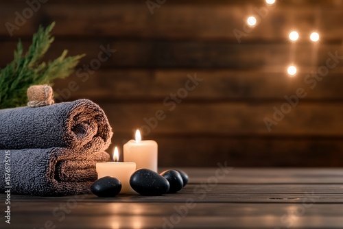 Relaxing Spa Setup With Towels, Candles, and Stones Create a Calming Atmosphere