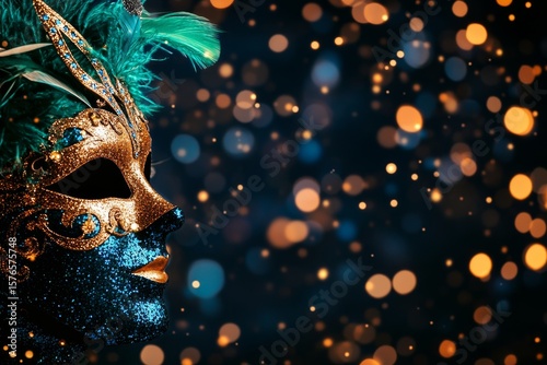 Glistening Mask Adorned With Feathers and Sparkles on a Dark Background for F...
