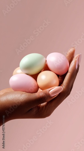 Colorful Pastel Eggs Held in a Hand Against a Soft Pink Background for Festiv...