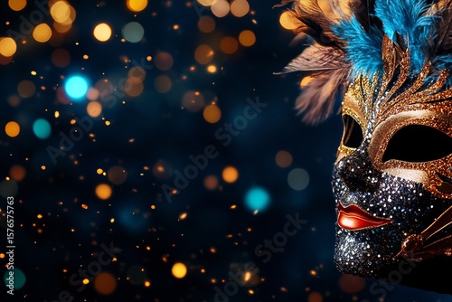 Colorful Masquerade Mask With Sparkling Details and Blurred Lights at a Festi...