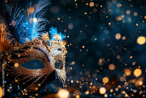 Colorful Masquerade Mask With Sparkling Details and Blurred Lights at a Festi...