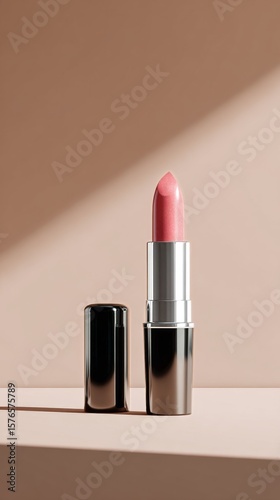 Stylish Pink Lipstick in Sleek Black Casing Against Soft Pink Background