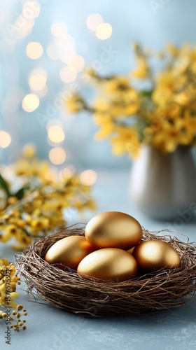 Beautiful Golden Eggs in a Nest Surrounded by Yellow Flowers and Festive Lights