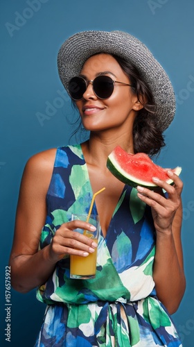 Woman Enjoying Tropical Drink and Watermelon Under Clear Blue Sky on a Sunny Day