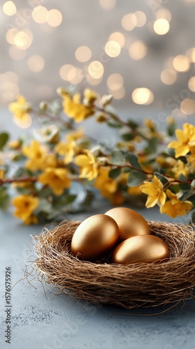 Golden Eggs Nestled in a Rustic Nest Surrounded by Vibrant Flowers on a Soft ...