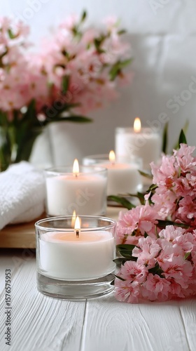 Soft Pink Flowers and Glowing Candles Create a Calming Ambiance in a Serene I...