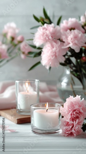 Soft Pink Flowers and Candles Create a Peaceful Atmosphere for Relaxation and...