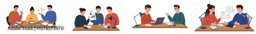 Four interconnected scenes of collaborative work in a modern office environment with three professionals each