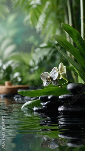 Relaxing Water Feature With Dark Orchid and Smooth Stones in Tranquil Garden ...