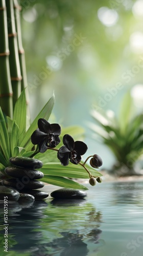 Relaxing Moment With Black Orchids and Smooth Stones in a Serene Garden Lands...