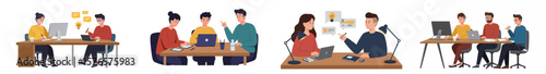 Illustration of a modern office environment with four interconnected scenes of professional collaboration