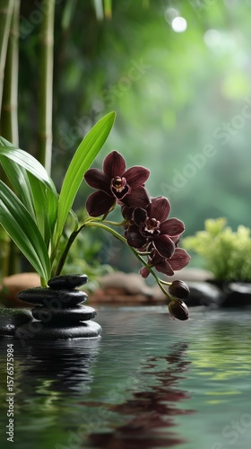 Relaxing Water Feature With Dark Orchid and Smooth Stones in Tranquil Garden ...