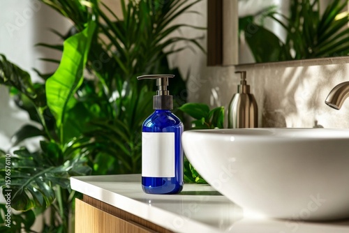 Bright Bathroom Featuring Blue Dispensers and Green Plants for a Refreshing A...