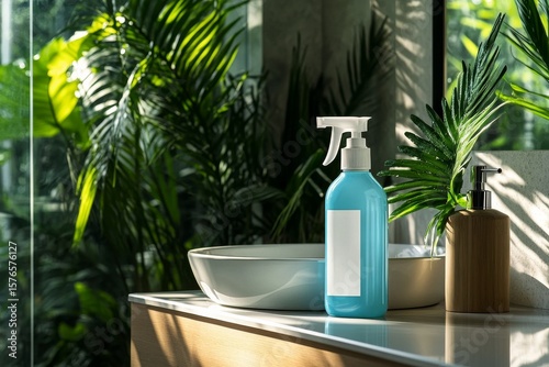 Bright Bathroom Featuring Blue Dispensers and Green Plants for a Refreshing A...