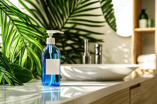 Bright Bathroom With Turquoise Liquid Soap and Tropical Greenery