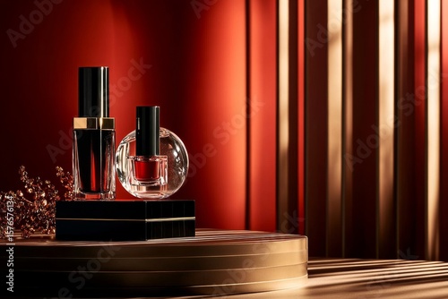 Elegant Perfume Bottles Displayed on a Round Table With Warm Lighting in a St...