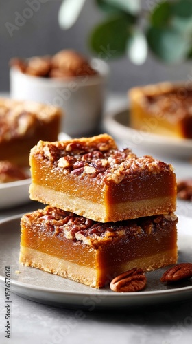 Delicious Pumpkin Pie Bars With Crunchy Topping Served on a Rustic Plate Duri...
