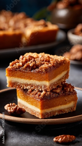 Delicious Pumpkin Dessert Squares With Crunchy Pecan Topping at a Cozy Kitche...