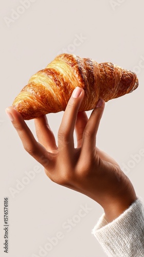 Delicious Croissant Held by a Hand Against a Simple Background in a Cozy Setting