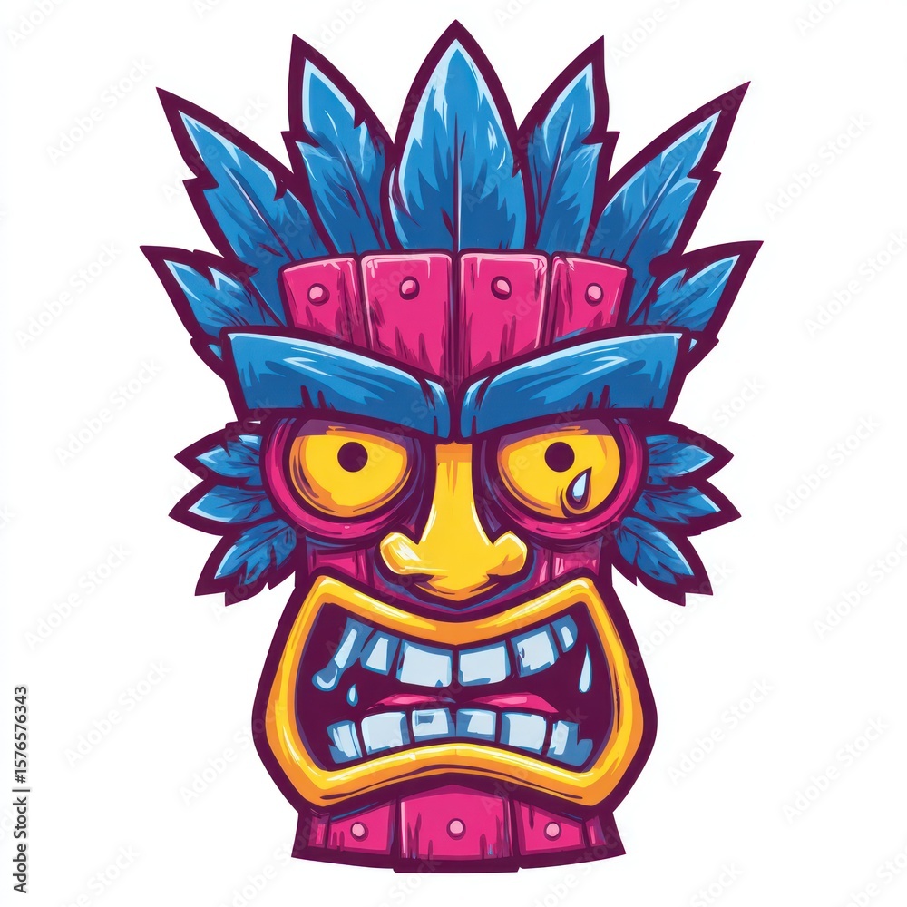 Fototapeta premium A vibrant tiki mask with a distressed, angry expression.