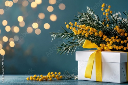 Beautiful Gift Box With Yellow Flowers and Festive Decoration on Table in Coz...