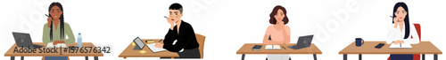 Four professionals working at aligned desks in a structured office environment