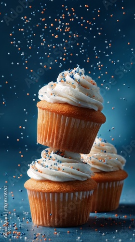 Cupcakes With Frosting and Colorful Sprinkles on a Blue Background