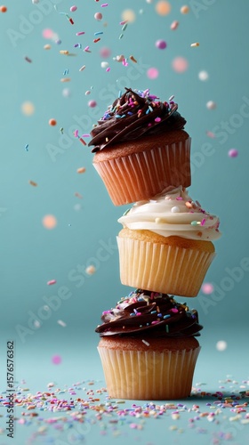 Delightful Cupcakes With Colorful Sprinkles Arranged in a Tower Against a Vib...