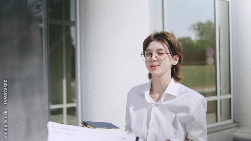 Young woman in business attire engages with participants at outdoor event while holding clipboard and smiling Young woman in business attire engages with participants at outdoor event while holding clipboard and smiling