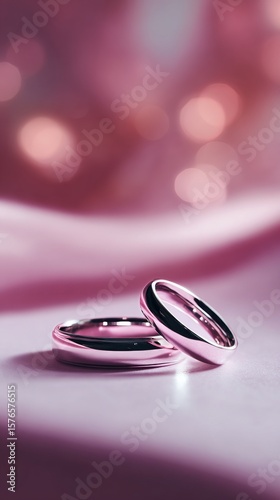 Elegant Wedding Rings Placed Together on a Table With Soft Lighting and Flowe...