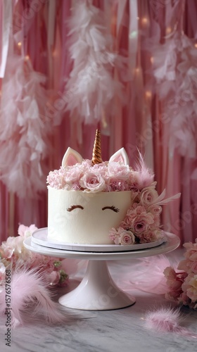 Cute Unicorn Cake Decorated With Pink Flowers in a Festive Setting for a Cele...