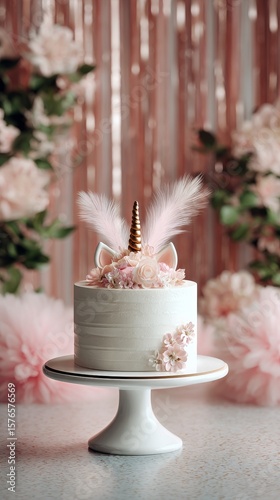 Cute Unicorn Cake Decorated With Pink Flowers in a Festive Setting for a Cele...