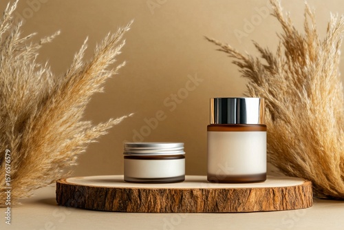 Elegant Skincare Products Displayed on Wood With Decorative Pampas Grass in a...