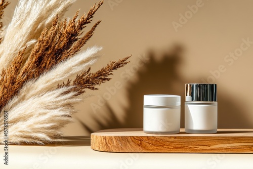 Elegant Skincare Products Displayed on Wood With Decorative Pampas Grass in a...