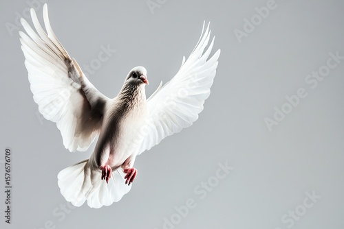 White Dove in Mid-Flight With Wings Spread Wide Against a Gray Backdrop