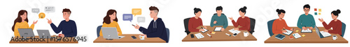 Four-panel illustration of collaborative work scenarios in a modern office environment