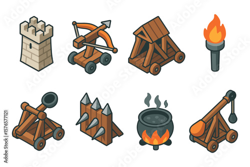 Medieval isometric icons: siege weapons and tools for historical design