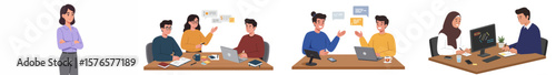 Professional office illustration showcasing teamwork and collaboration with four interconnected scenes